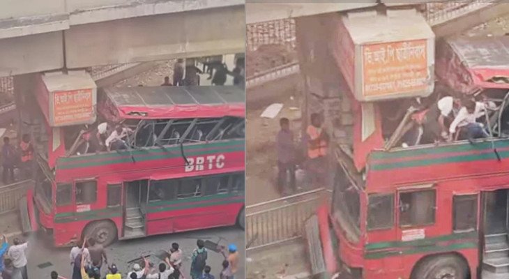 রাজধানীর ফার্মগেটে এক্সপ্রেসওয়ের পিলারে বিআরটিসি দোতলা বাসের ধাক্কা (ভিডিও)